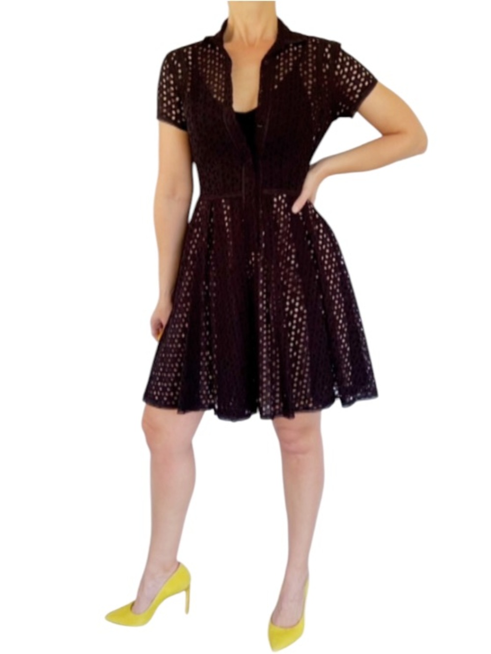 BCBGMAXAZRIA black cut out sheer eyelet lace short sleeve collared dress size 4